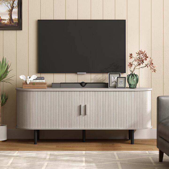 55" TV Stand with Power Outlet, Sliding Doors, 6-Storage Media Console