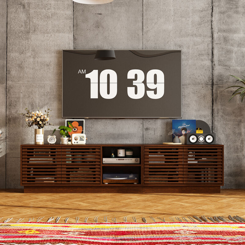 FUFU&GAGA Modern Wooden TV Stand with Slatted Doors – Stylish & Functional Storage (78.7" W x 18.8" H x 15.7" D), Brown