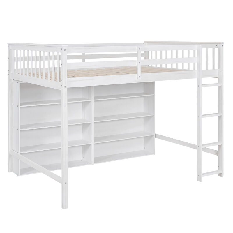 Whisen Full Size Loft Bed with Open Storage Shelves and Built-in Ladder - White