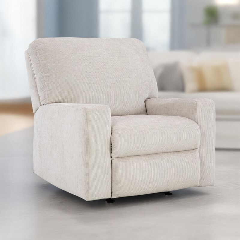 Avie Rocker Recliner Chair, Gentle Motion, White Ivory Polyester - Benzara