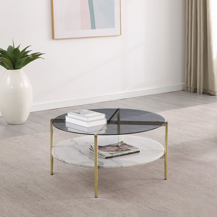 Coaster Jonelle Round Glass Top Coffee Table White Marble Shelf Gold