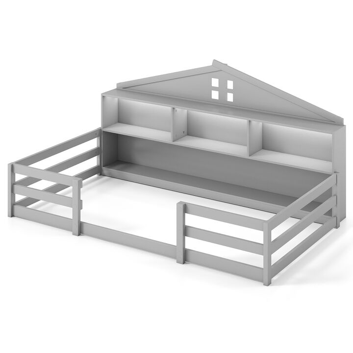 Montessori Twin Floor Bed with Open Storage Compartments And Shelf