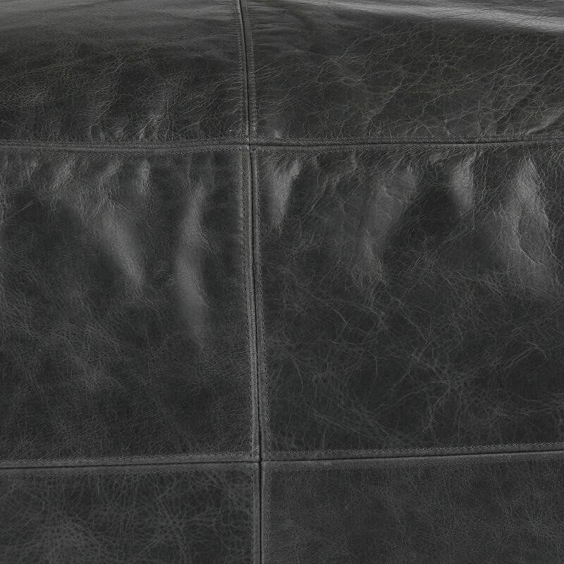 Square Pouf Ottoman, 24 Inch Black Real Leather, Reversible Design - Benzara