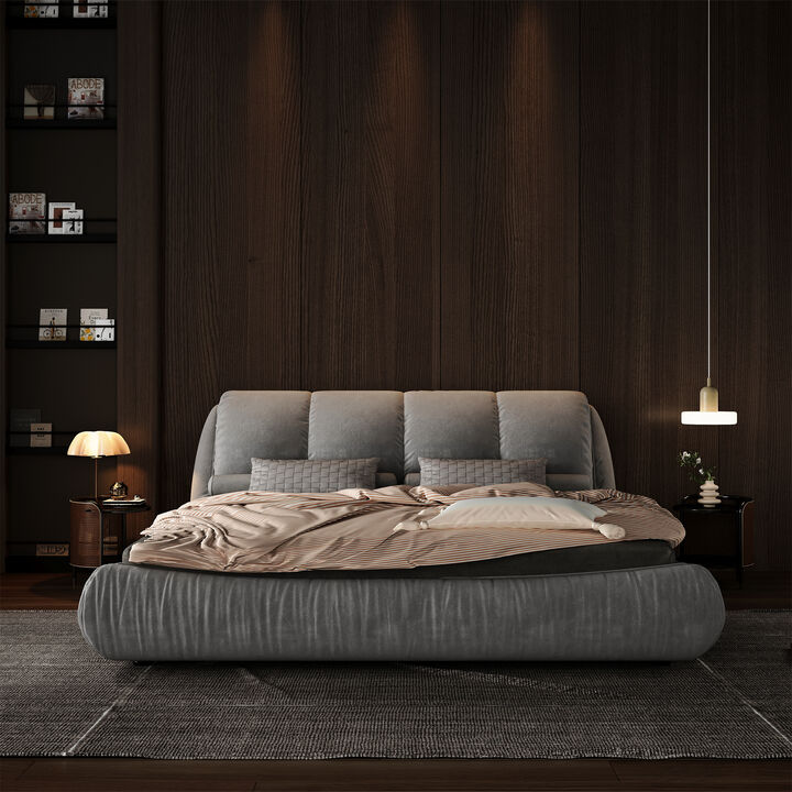 Merax Queen Size Luxury Upholstered Platform Bed with Oversized Padded Backrest and Solid Wood Frame