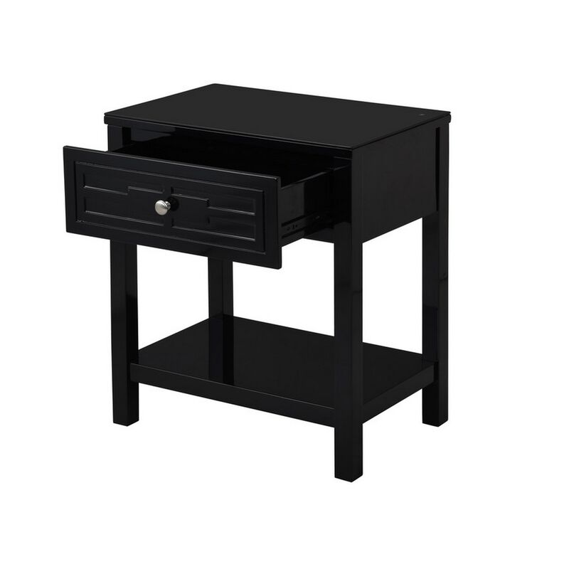 Fimo 27 Inch Nightstand with Drawer and Shelf, Glass Top, Modern Black Wood - Benzara