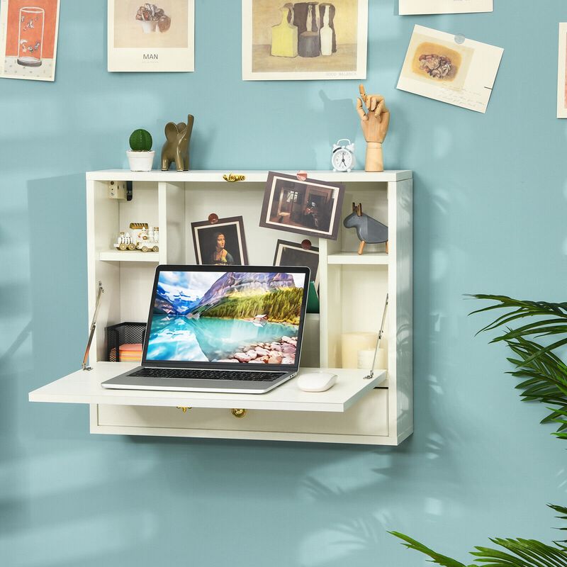Wall Mounted Folding Laptop Desk Hideaway Storage with Drawer