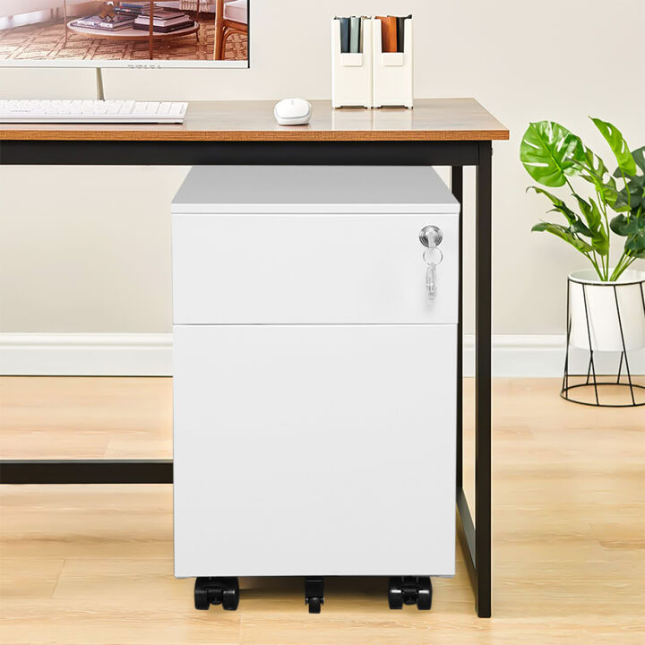 2 Drawer Mobile File Cabinet with Lock Metal Filing Cabinet for Legal/Letter/A4/F4 Size, Fully Assembled Include Wheels, Home/Office Design, WHITE