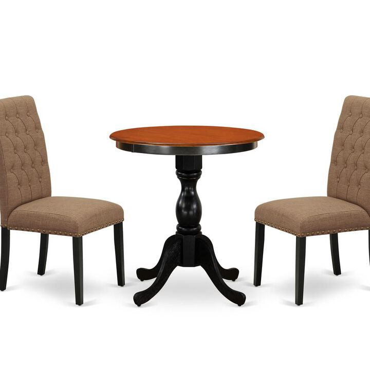 East West Furniture 3-Piece Mid Century Dining Set Include a Dining Table and 2 Light Sable Linen Fabric Padded Chairs with Button Tufted Back - Black Finish
