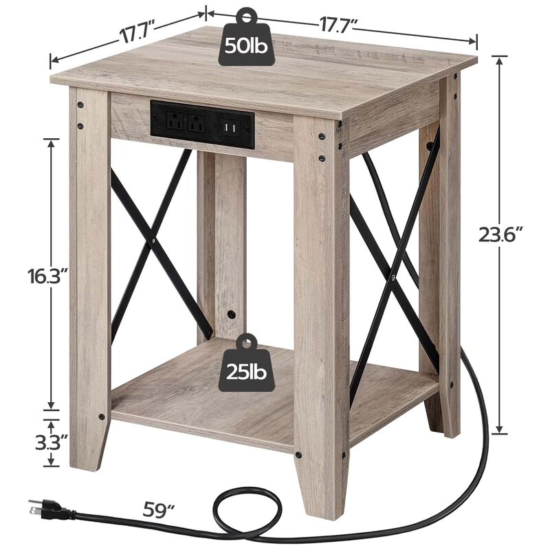 Set of 2 Industrial Side Tables with USB Charging Ports and Shelves-Greige image number 2