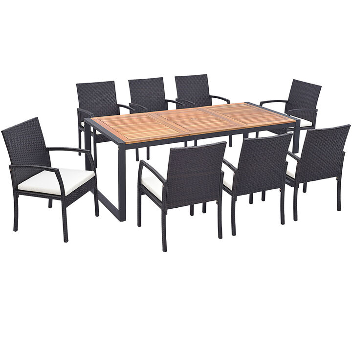 9 Pieces  Patio Rattan Dining Set with Acacia Wood Table for Backyard  Garden
