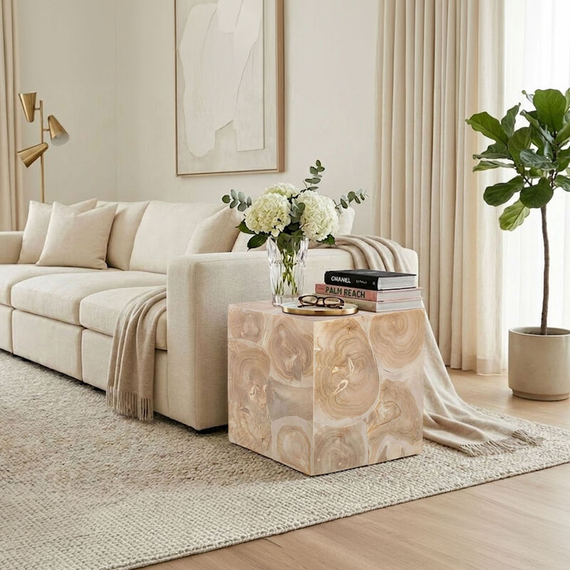 Sira Mosaic Side End Table, Hand Oiled Natural Brown Finish, 20 Inch Solid Teak Wood Slice Cube image number 5