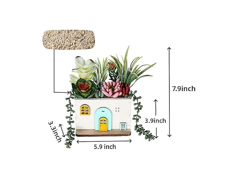 7.9 Inch Artificial Succulent Plants Wood House Shape Potted Gardening Gifts Fake image number 2
