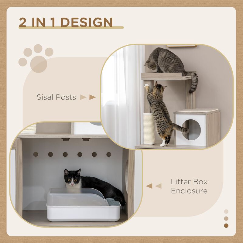 50" Small Cat Tower with Litter Box Enclosure, Modern Cat Tree with Scratching Post, Cute Cat Litter Box Furniture Hidden, Kitty Litter Box