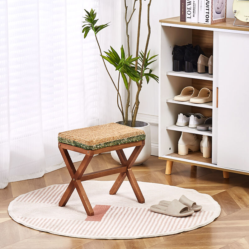 Handwoven Seagrass Ottoman, Rectangular Footrest with Sturdy X Wooden Legs For Living Room