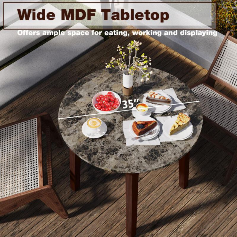 Hivvago 35 Inch Round Dining Table with Rubber Wood Legs and Marble-textured Veneer Tabletop