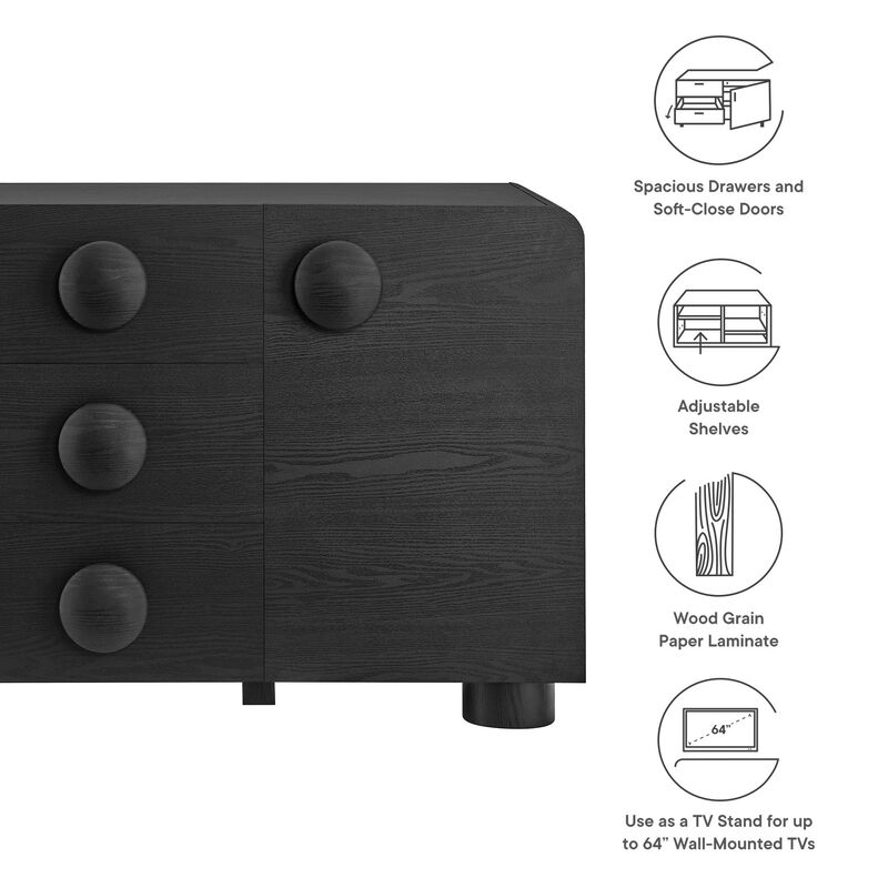Modway Sonnet Retro Curved Sideboard in Black &ndash; 57 Inch Modern Buffet Cabinet with Circle Knobs &ndash; Credenza Cabinet with 3 Drawers &ndash; TV Stand Media Cabinet for Living Room, Home Office, Lounge Area image number 3