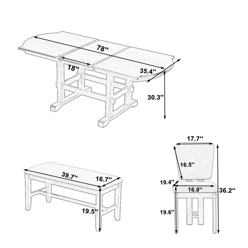 Merax 6 Pieces 78inch Extendable Wood Dining Table Set with Bench