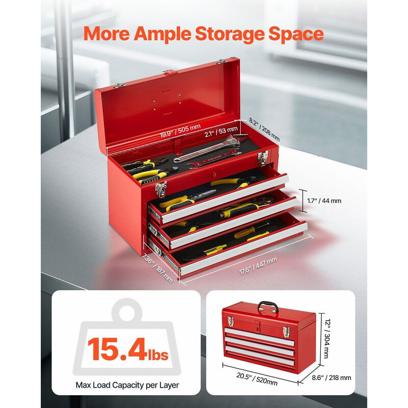 Metal Tool Box with 3 Drawers, Locking Small Tool Chest with EVA Lined Storage-Red image number 2