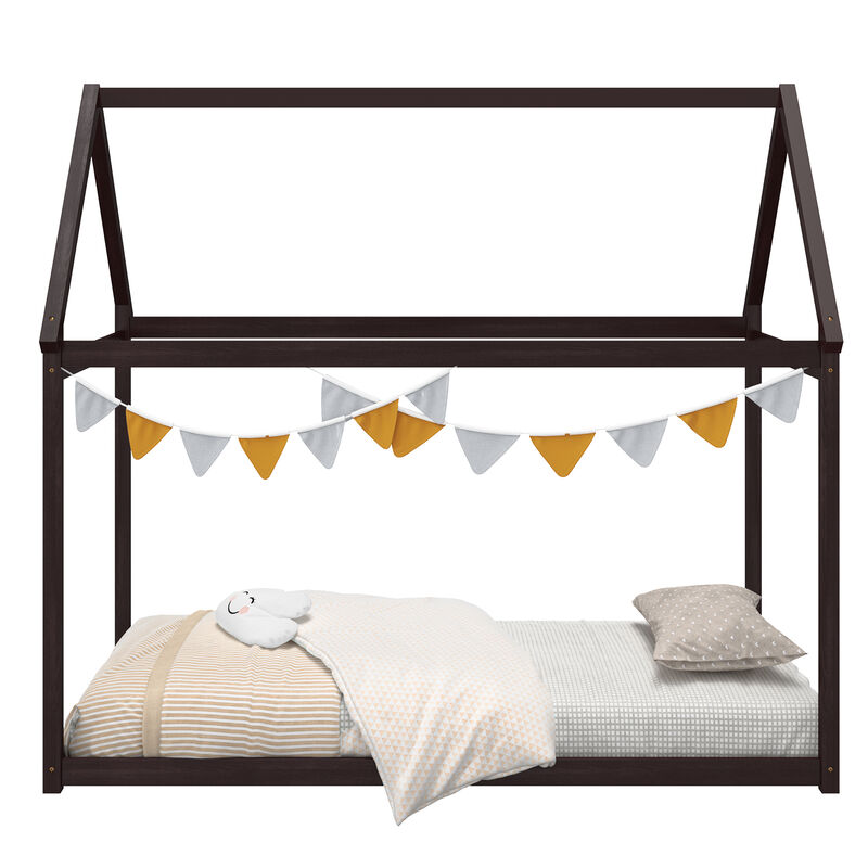 Kids Playful House Bed with Trundle and Roof for Extra Sleeping Space