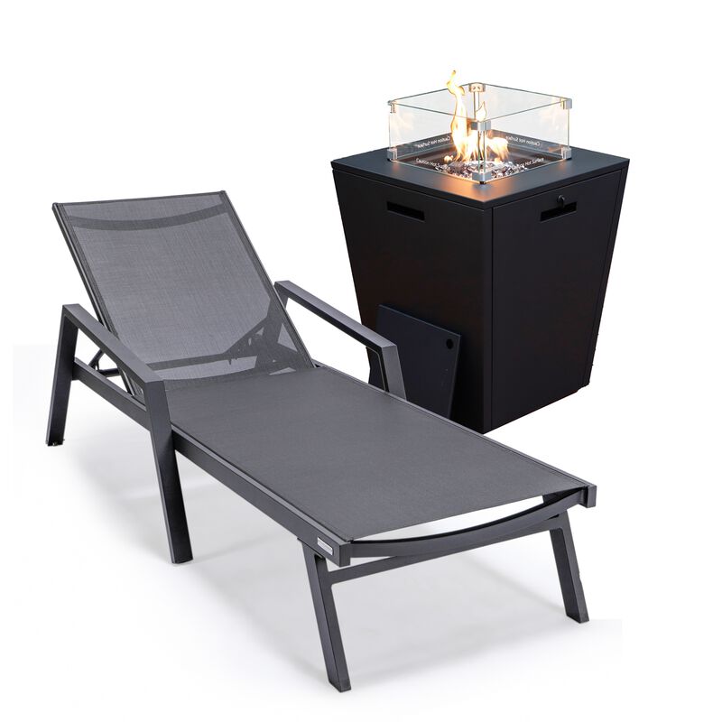 LeisureMod Marlin Black Aluminum Patio Chaise Lounge Chair with Arms & White Fire Pit Table