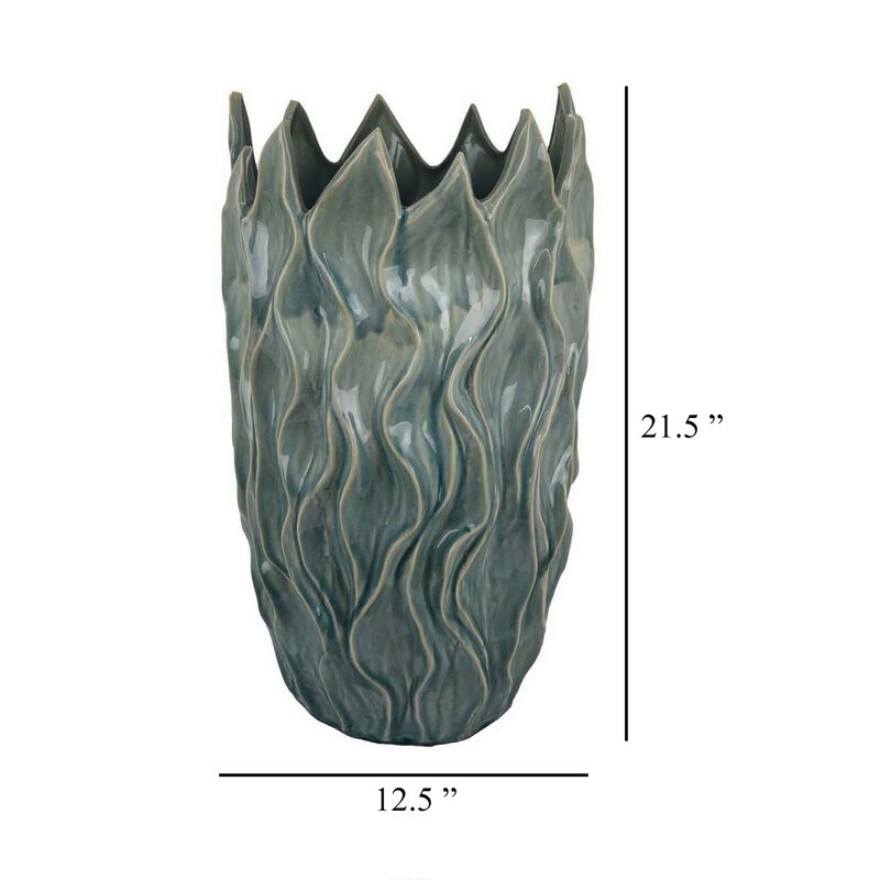 Esen Decorative Vase, Abstract Wave Design, 22 Inch Green Ceramic