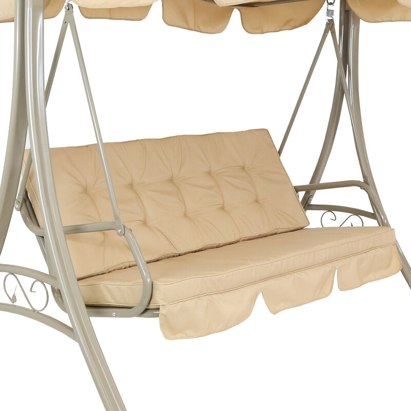 Sunnydaze 3-Person Steel Patio Swing Bench with Canopy/Cushion - Beige