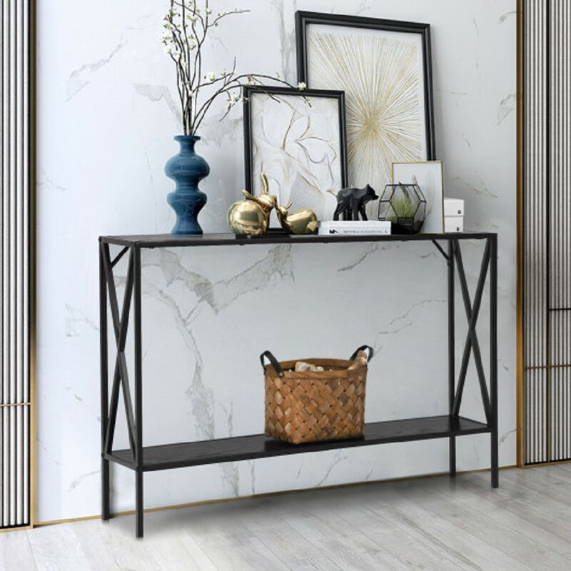 2 Tier Narrow Accent Side Entryway Metal Frame Console Table
