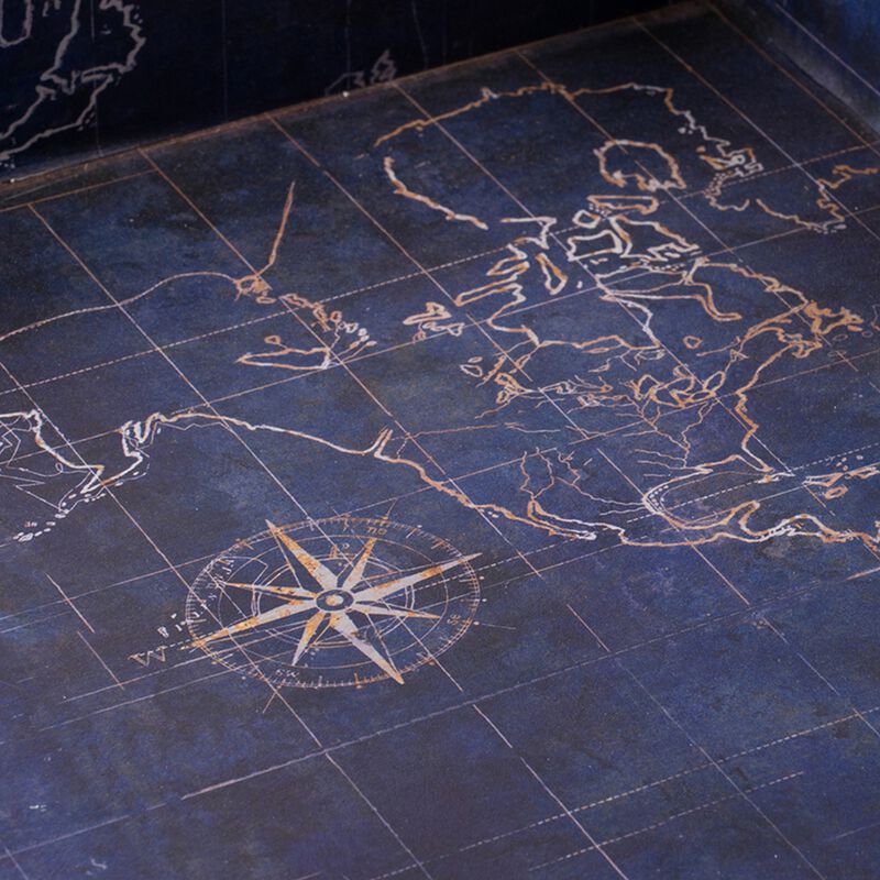 25 Inch Set of 2 Rectangular Decorative Trays, Gold Map Design, Deep Blue - Benzara