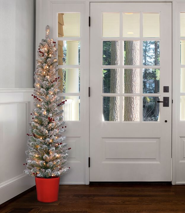 5 Foot Pre-lit Flocked Berry Artificial Fir Christmas Potted Pencil Tree