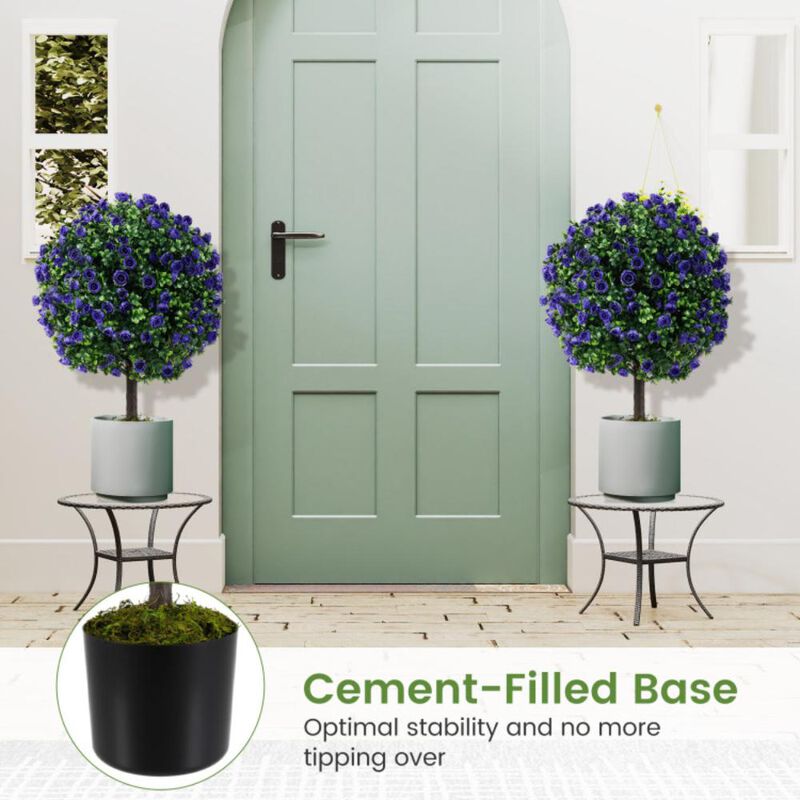 Hivvago 22 Inch Set of 2 Artificial Purple Rose Topiary Ball Trees with Cement-Filled Pot