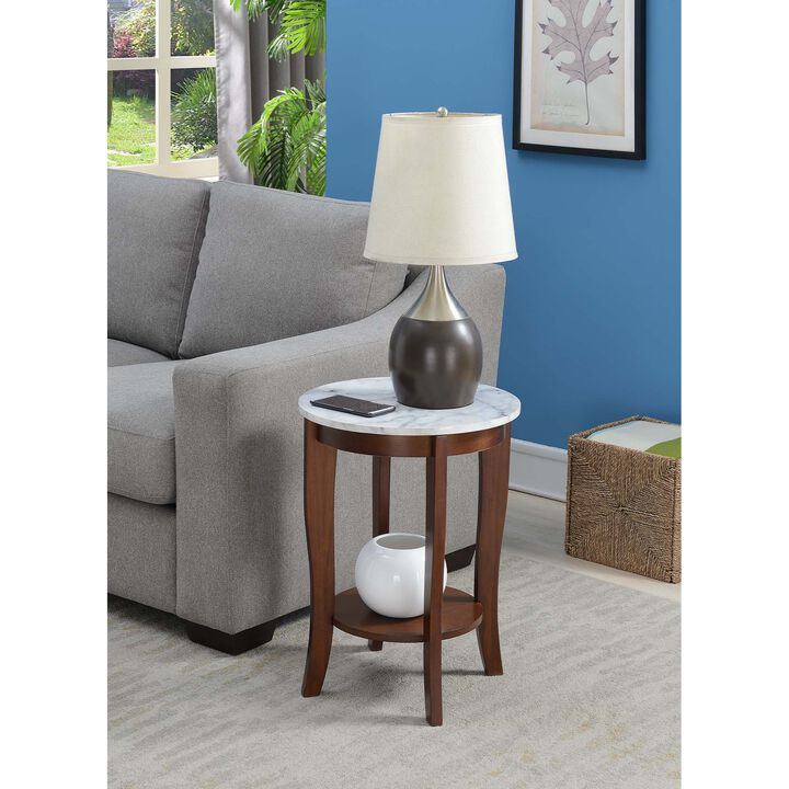 Convenience Concepts American Heritage Round End Table, White Faux Marble / Espresso