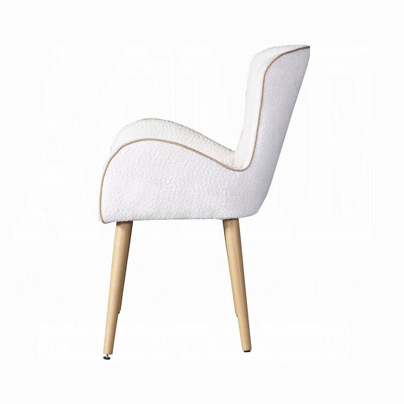 Willy Side Chair Set of 2, White Boucle, Soft Padding, Brown Wood Legs - Benzara