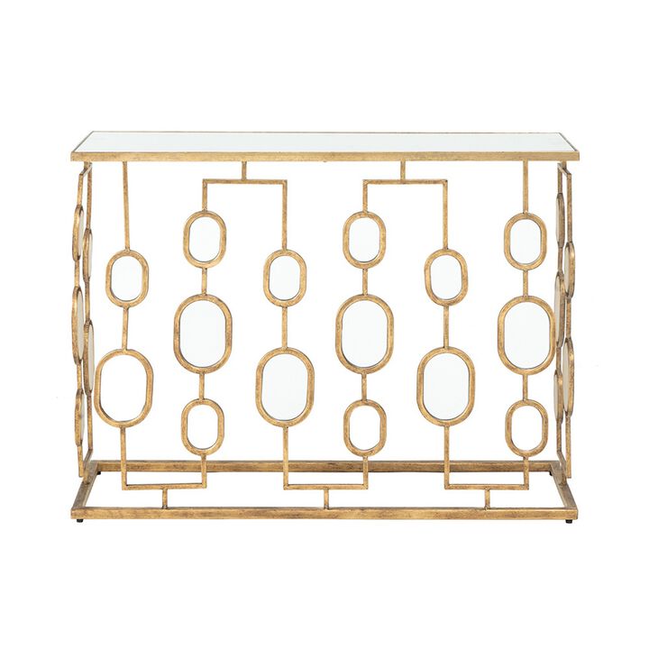 39 Inch Iron Console Table, Modern Contemporary Mirror Top, Rustic Gold