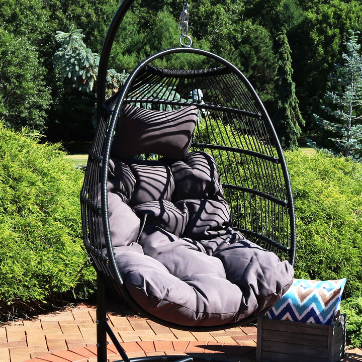 Sunnydaze Black Polyethylene Wicker Hanging Egg Chair with Cushions
