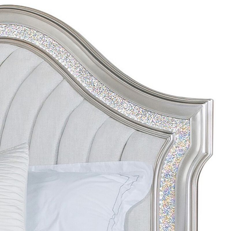 Nive Queen Bed, Oak Wood, Double Arched Upholstered Headboard, Ivory Silver - Benzara