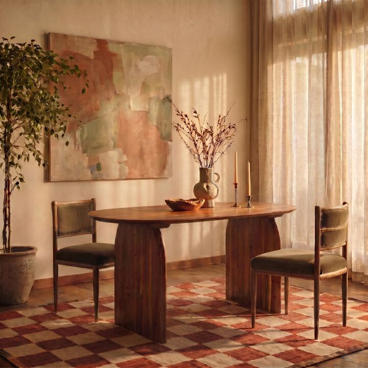 Pill-Shaped Acacia Wood Dining Table with Half-Moon Base in Black Finish
