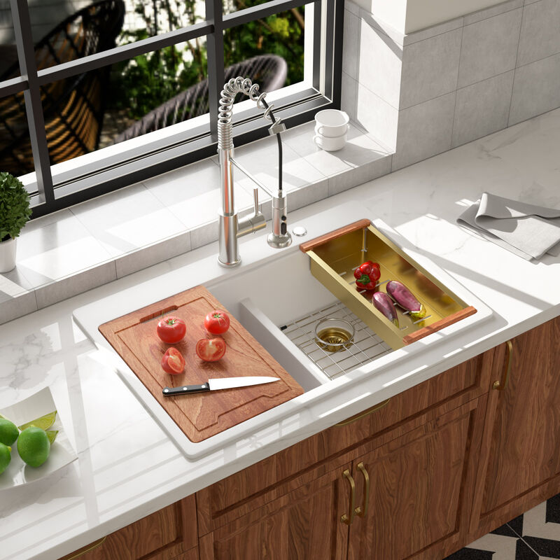 33x22x10 Inch White Granite Composite Workstation kitchen Sink Low Divide 50/50 Double Bowl Quartz Drop In Kitchen Sink