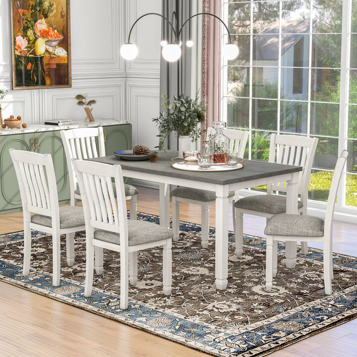 7-Piece Dining Table Set Wood Dining Table and 6 Upholstered Chairs with Shaped Legs