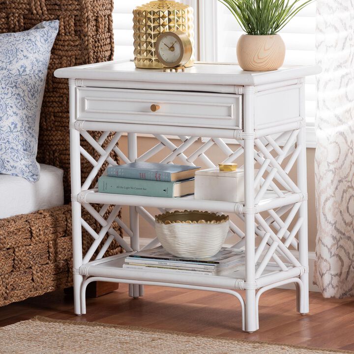 bali & pari Tiaret Natural Rattan Nightstand with Drawer and Shelves – Chippendale-Style Bedside Table for Bedroom or Coastal Living Spaces, White