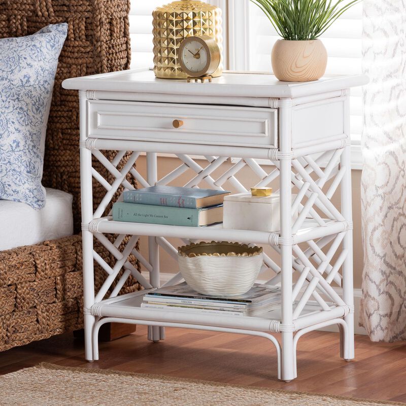 bali & pari Tiaret Natural Rattan Nightstand with Drawer and Shelves – Chippendale-Style Bedside Table for Bedroom or Coastal Living Spaces, White