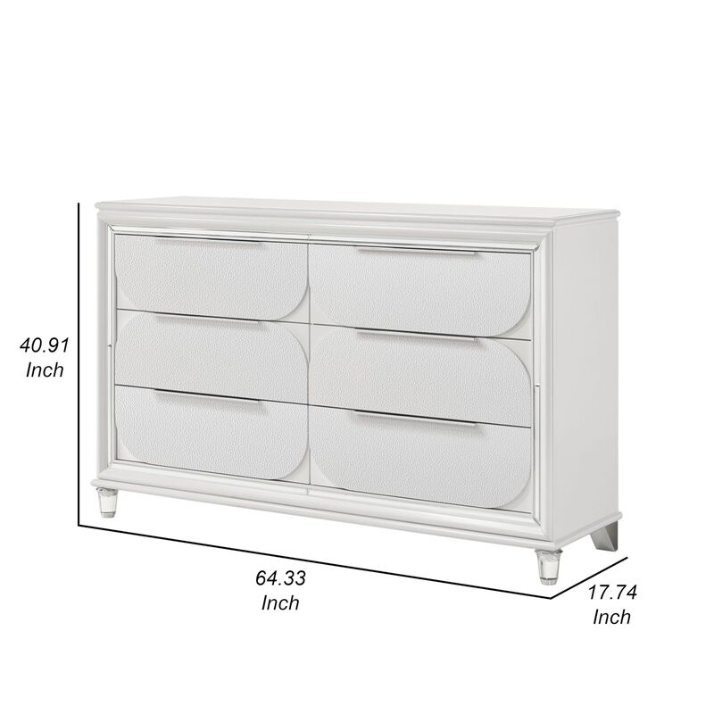 Benjara RARA 64 Inch Wide Dresser, 6 Drawers, Mirror Trim, Acrylic Legs, White and Silver