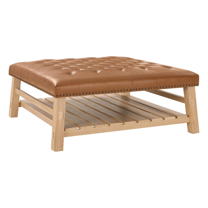 Merax Tufted Ottoman Coffee Table with Nailhead Trim & Storage Shelf &ndash; Solid Wood Legs