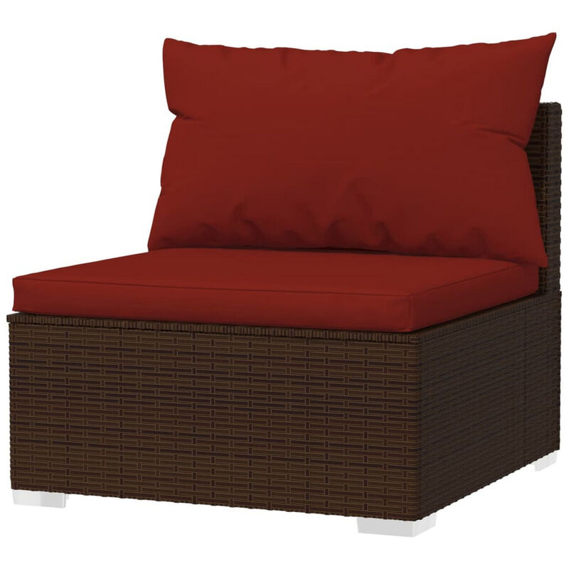5pc Outdoor Modular Sectional Sofa Set, Red Cushions, Brown Rattan - Benzara