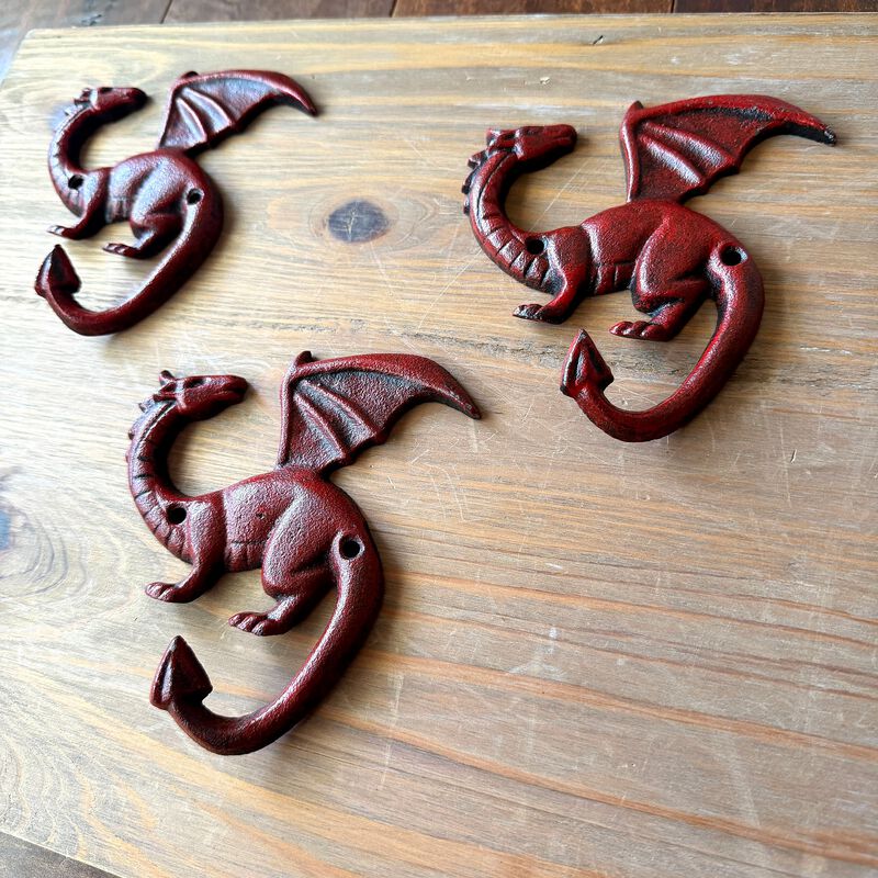 Set Of 3 Dragon Wall Hooks Red Rust Cast Iron Gothic 525 In Decorative image number 7