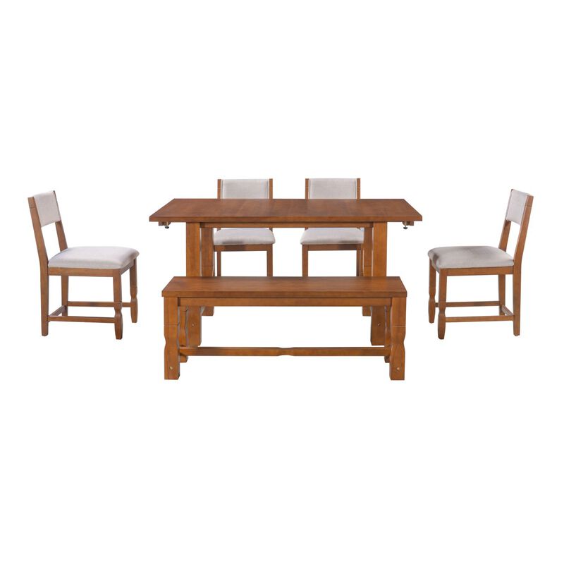 6 Piece Extendable Dining Set with Bench and Chairs solid wood dining set for kitchen dining room, rectangular dining table set with leaves image number 7