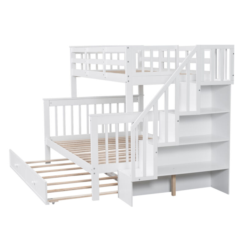 Twin Over Full Bunk Bed With Twin Size Trundle, Storage And Guard Rail For Bedroom