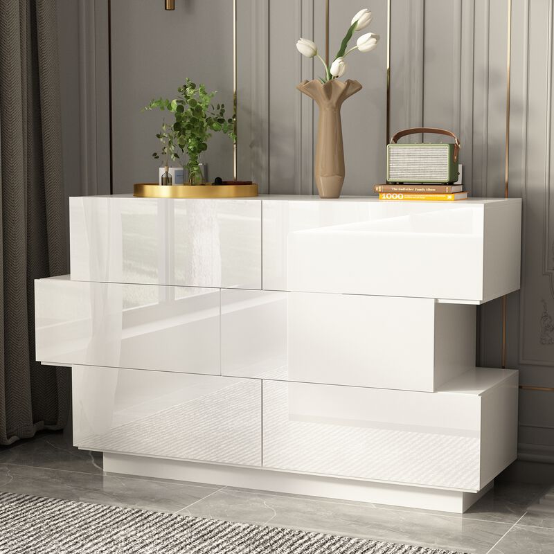 16.1 in. D x 30.7 in. H High Gloss White Wood 6-Drawer 45.3 in. W Chest of Drawers Storage Cabinet Modern Style
