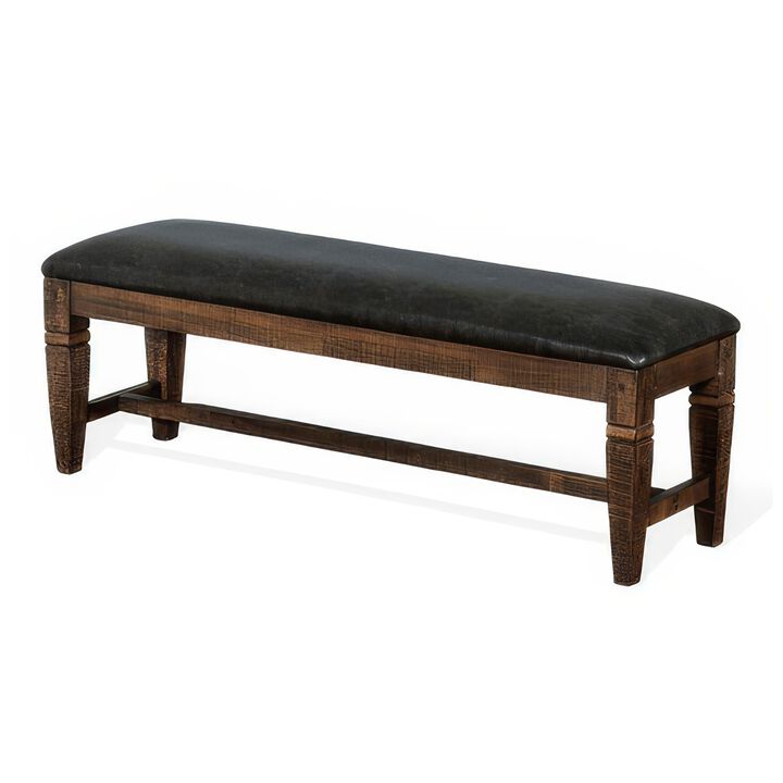 Flint Bench, Dark Gray Faux Leather, Dark Brown Mahogany, 56 Inch - Benzara