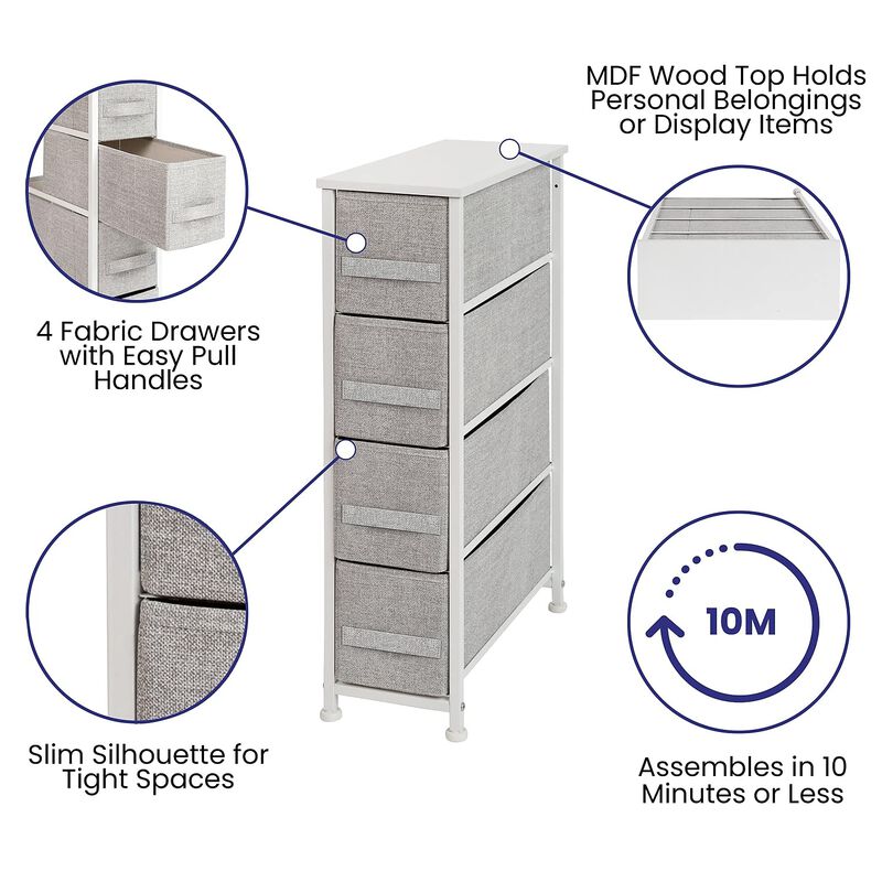 Flash Furniture Harris 4 Drawer Slim Wood Top White Cast Iron Frame Dresser Storage Tower with Light Gray Easy Pull Fabric Drawers