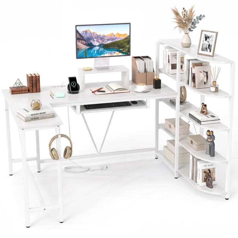 U Shaped Computer Desk with 5 Tier Storage Bookshelf and Keyboard Tray image number 3